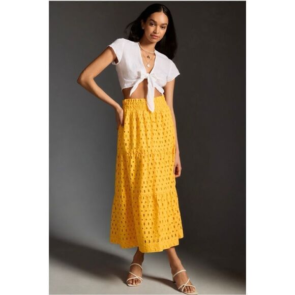 NEW Anthropologie Somerset Tiered A-Line Smocked Mango Eyelet Maxi Skirt X-Large - Picture 1 of 4
